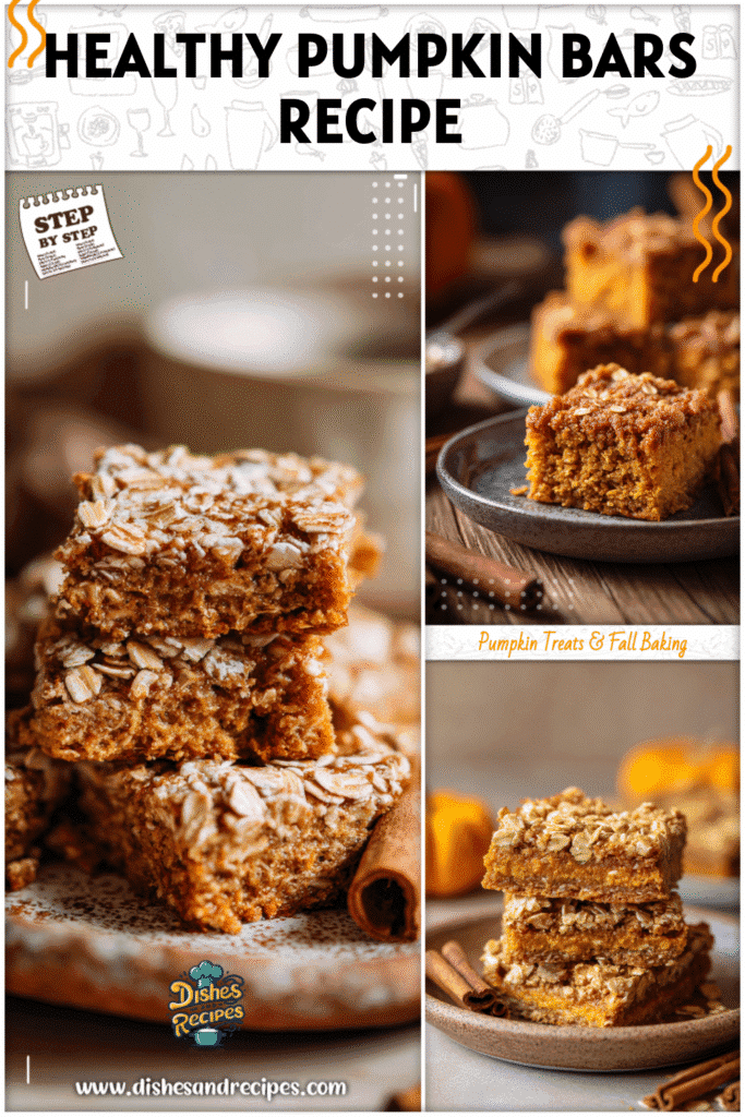 Sliced healthy pumpkin bars with oats on top served on a rustic plate with cinnamon sticks nearby.