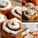 Pumpkin Spice Cinnamon Rolls spiraled and frosted with cream cheese icing on a fall-themed platter.