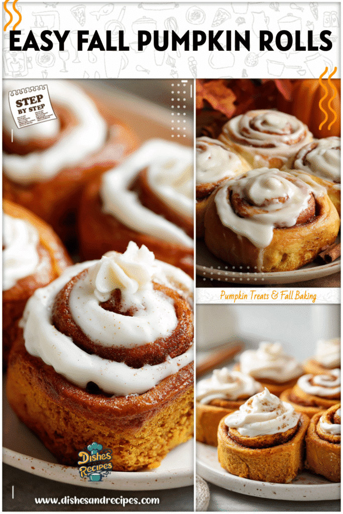Pumpkin Spice Cinnamon Rolls spiraled and frosted with cream cheese icing on a fall-themed platter.