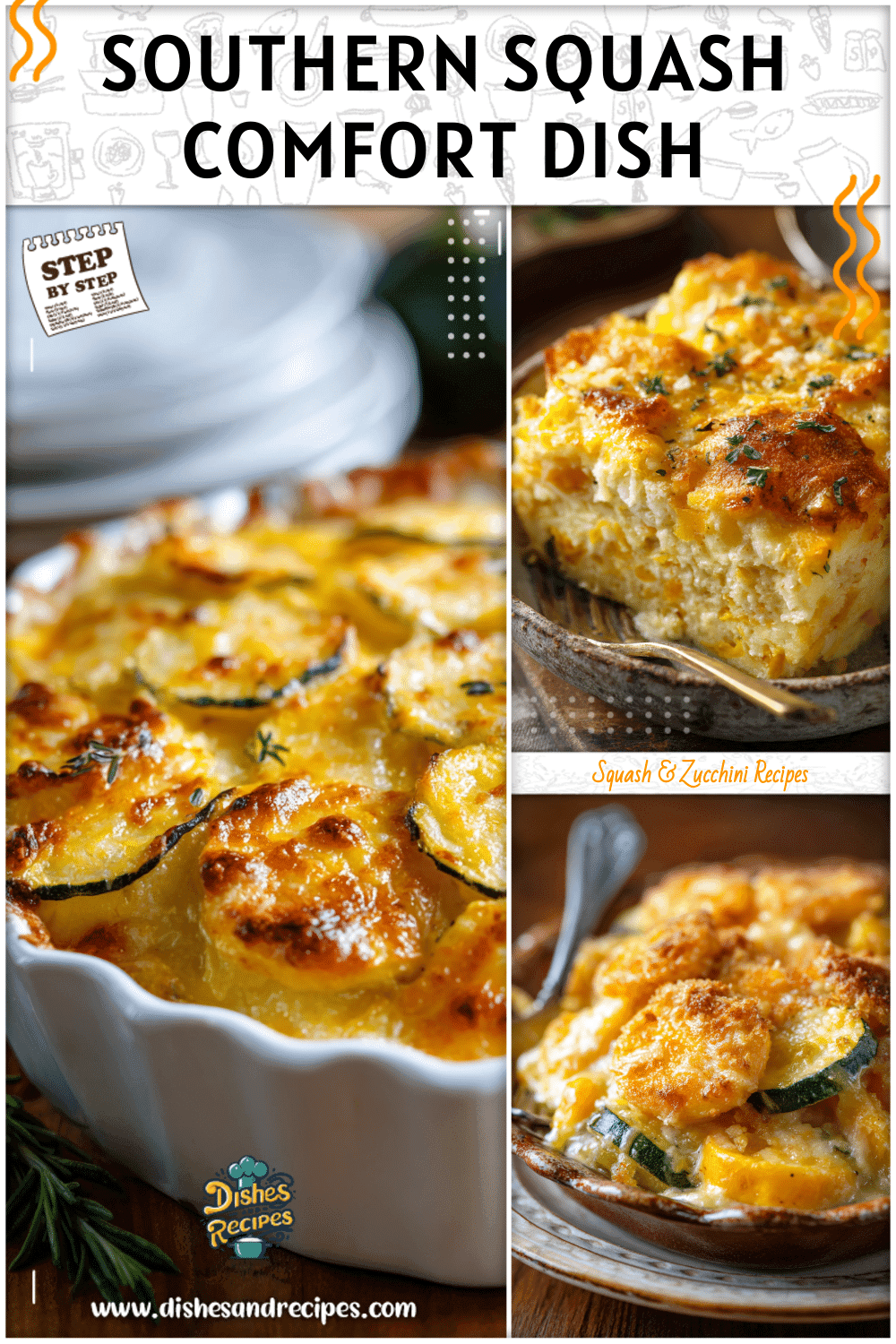 Golden baked southern squash casserole with cheese topping served in a rustic dish