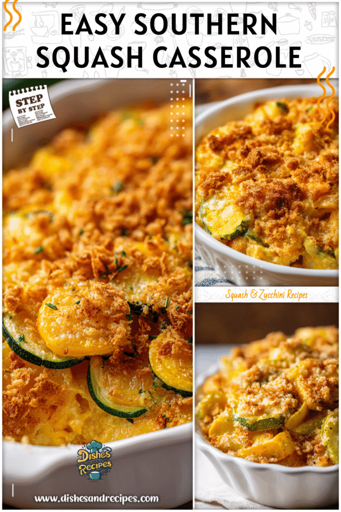 Golden baked Southern squash casserole topped with crispy breadcrumbs in a dish for late summer recipes dinner.