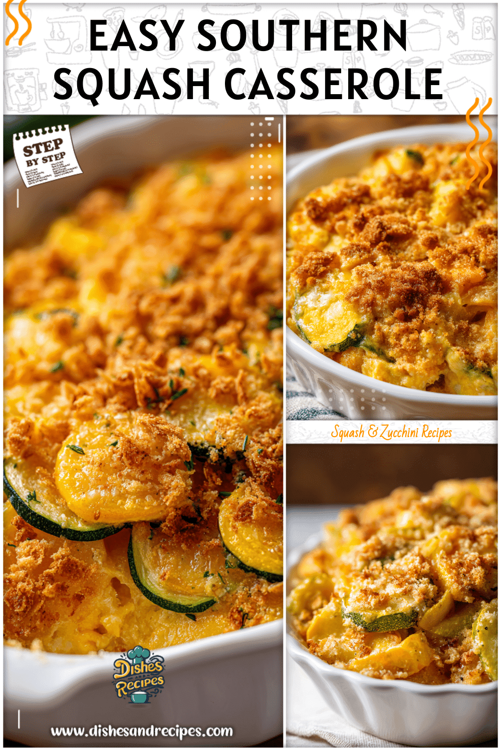 Golden baked Southern squash casserole topped with crispy breadcrumbs in a dish for late summer recipes dinner.