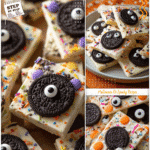 A tray of white chocolate bark with Oreos, candy eyes, and sprinkles as Easy Homemade Halloween Treats.