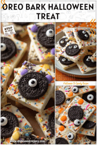 A tray of white chocolate bark with Oreos, candy eyes, and sprinkles as Easy Homemade Halloween Treats.