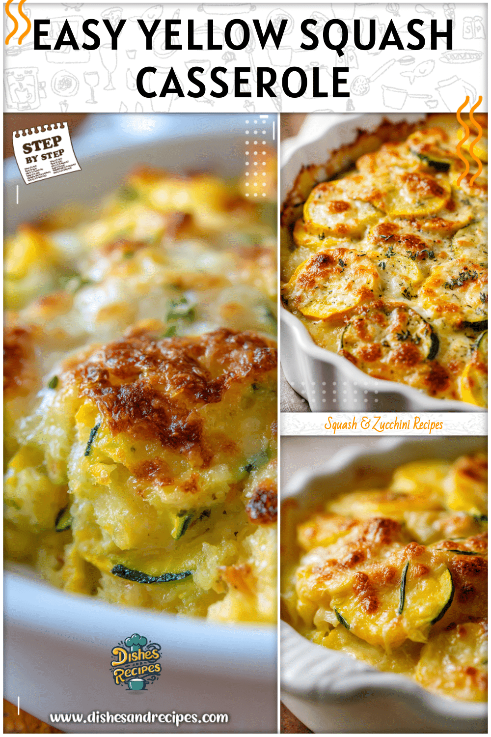 Golden baked yellow squash casserole with melted cheese topping in a white dish