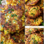 Close-up of crispy yellow squash fritters topped with fresh herbs.