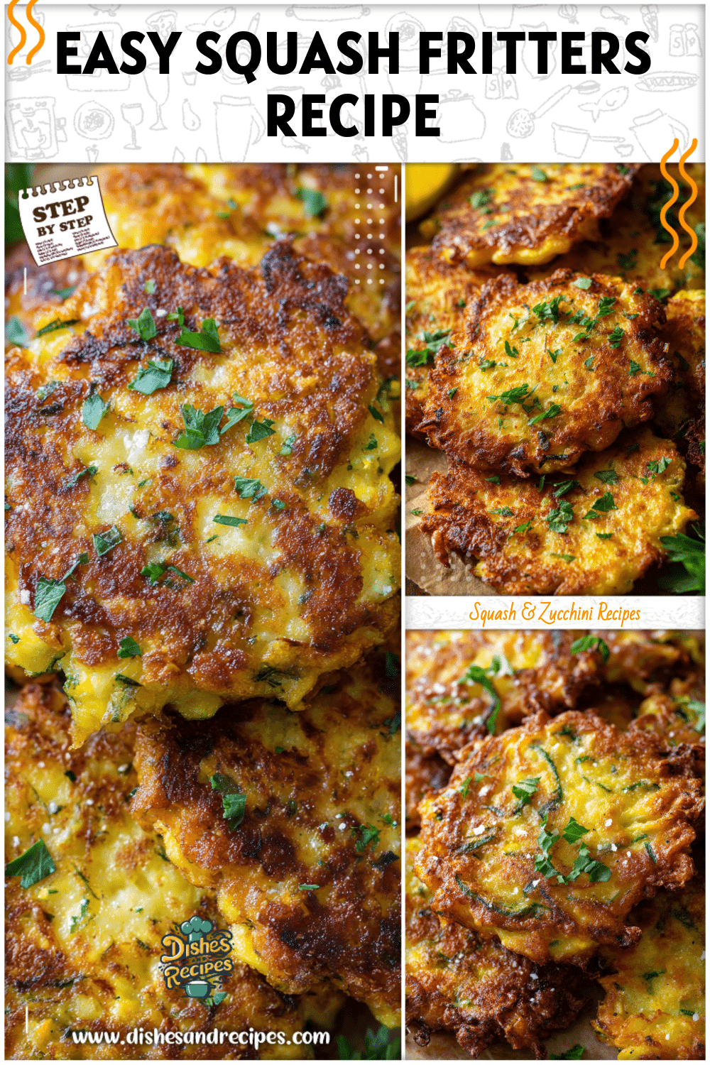 Close-up of crispy yellow squash fritters topped with fresh herbs.