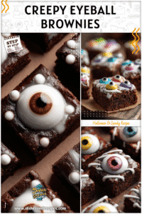 Fudge brownies topped with candy eyeballs and white icing as creepy Halloween Treats Brownies.