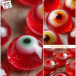 Eyeball jello shots with candy iris floating in red gelatin for Halloween party food