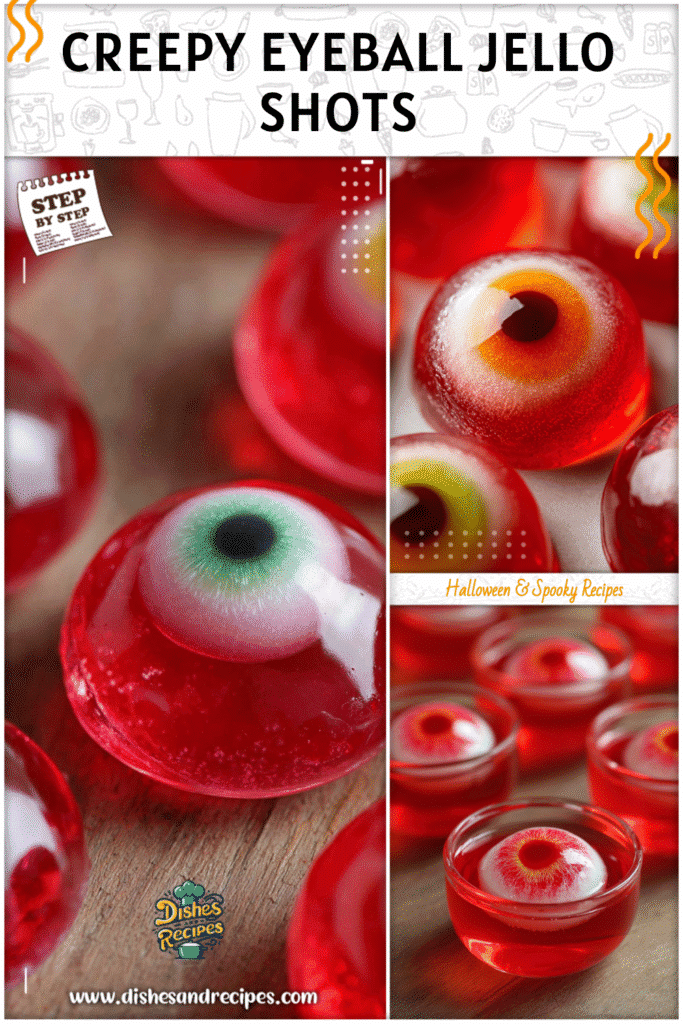 Eyeball jello shots with candy iris floating in red gelatin for Halloween party food