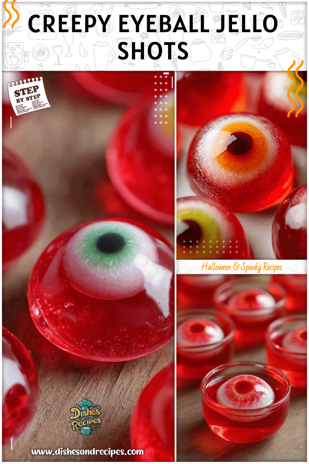 Eyeball jello shots with candy iris floating in red gelatin for Halloween party food