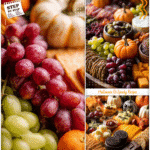 A festive Halloween-themed charcuterie board surrounded by seasonal fall appetizers.