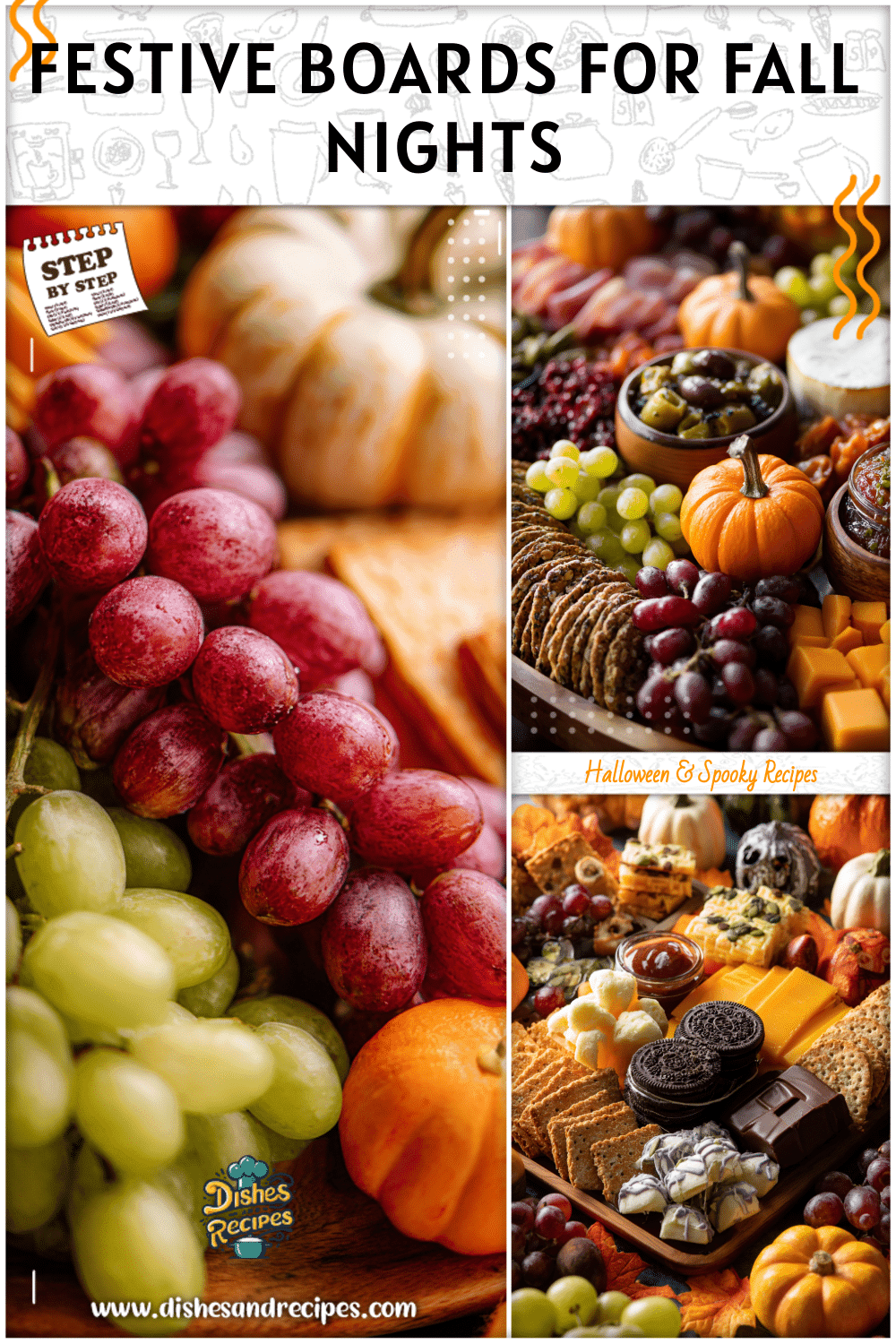 A festive Halloween-themed charcuterie board surrounded by seasonal fall appetizers.