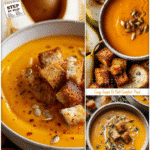 Fall-inspired roasted butternut squash soup with a side of roasted pear slices and croutons.