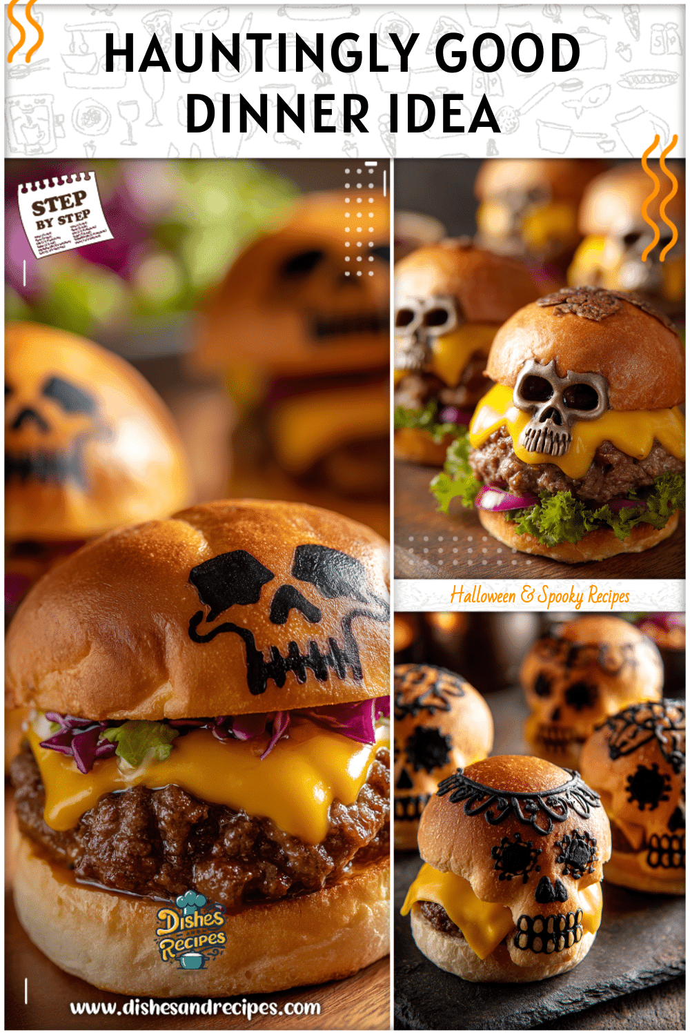 Cheeseburger skulls with melted cheese and spooky designs for Halloween Dinners For Family.