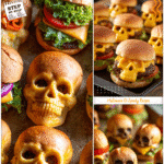 Family-Friendly Halloween Dinners: Cheeseburger Skulls 5 Cheeseburger skulls served on a tray as Halloween dinners for family gatherings