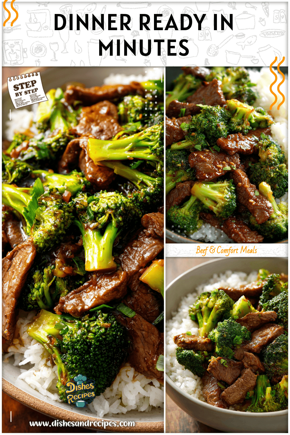 Beef and broccoli stir fry plated with steamed rice for a simple fast dinner.