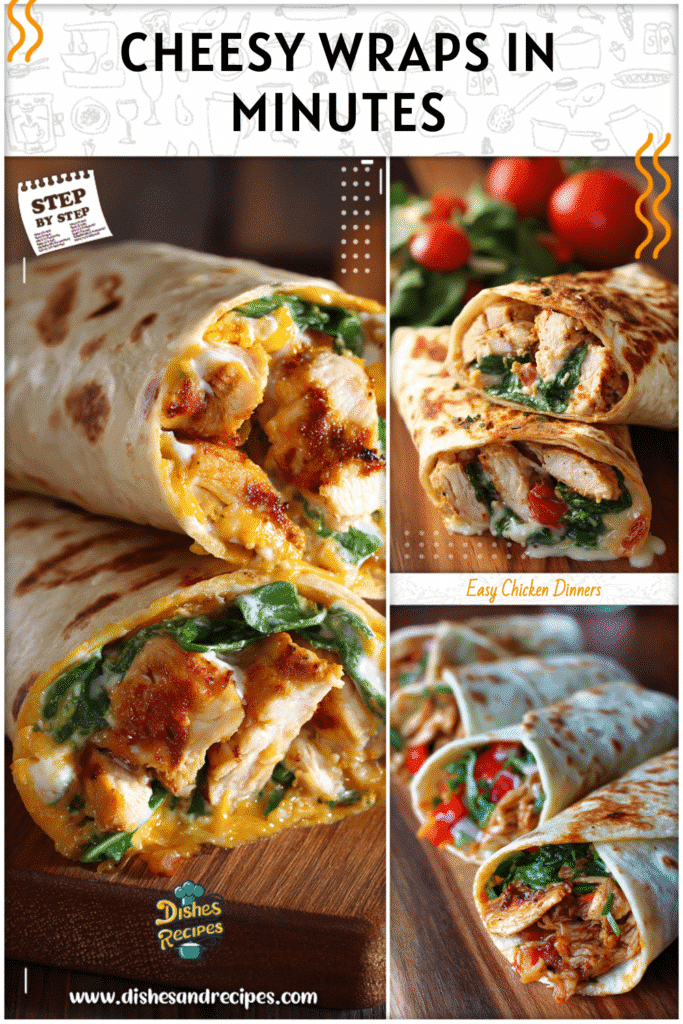 Cheesy garlic chicken wraps on a wooden board ready to serve as quick and easy chicken dinner recipe.