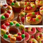 Donuts styled with bright candy toppings shaped like apples for party appetizers and fall snacks