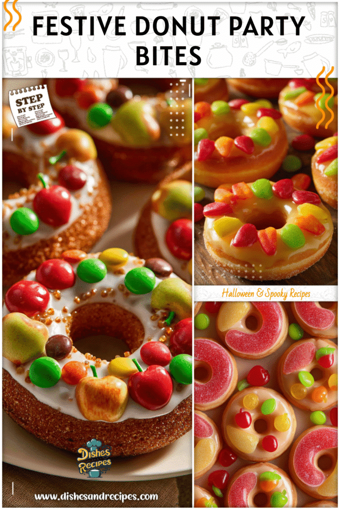 Home 33 Donuts styled with bright candy toppings shaped like apples for party appetizers and fall snacks