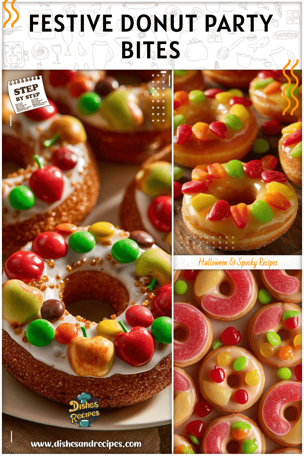 Donuts styled with bright candy toppings shaped like apples for party appetizers and fall snacks