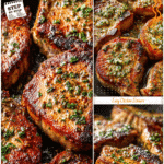 Golden pan roasted pork chops in a skillet with garlic butter and herbs.