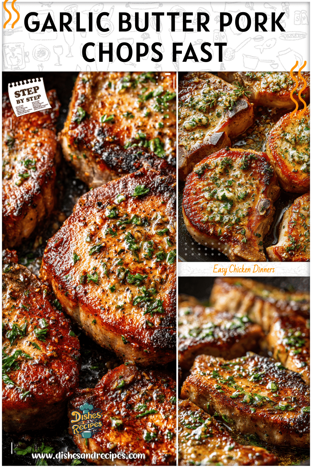 Golden pan roasted pork chops in a skillet with garlic butter and herbs.