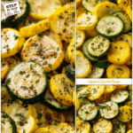 Colorful garlic herb zucchini and squash slices roasted together as a summer side dish.
