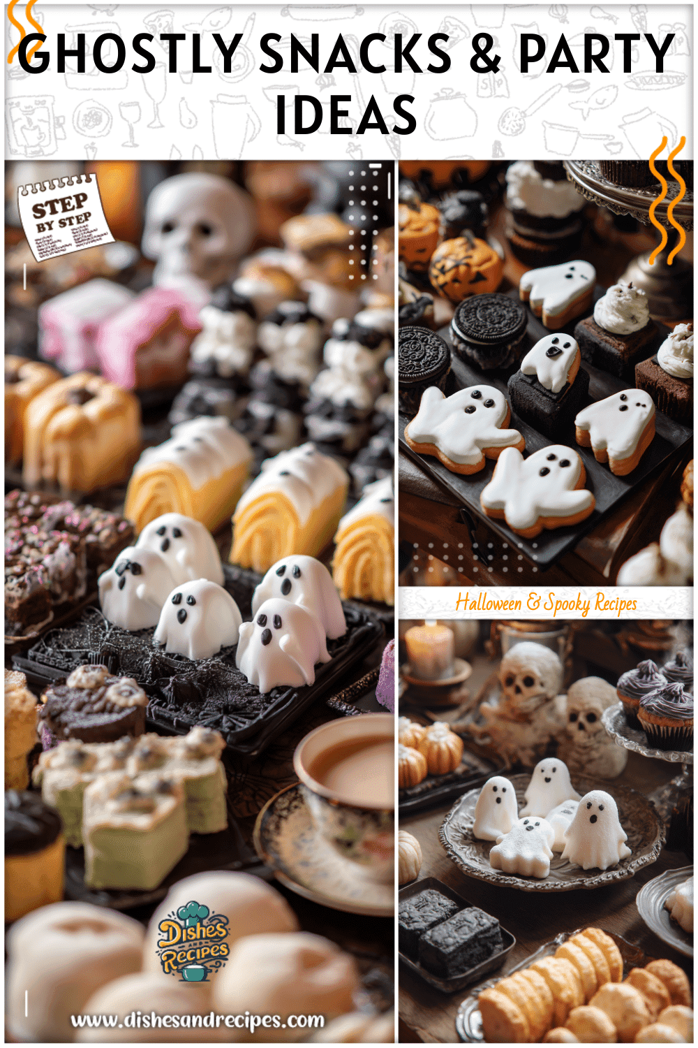 Ghost Theme Party Food and Goth Snacks displayed together on a Halloween buffet table.