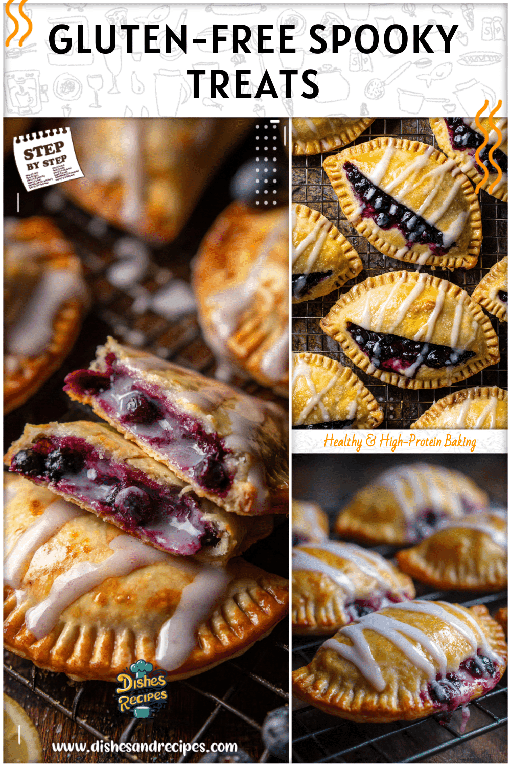 Gluten free ghost hand pies filled with blueberry filling glazed with lemon icing on a baking rack
