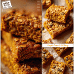 Pumpkin breakfast bars with oats baked golden brown on parchment paper for a gluten free recipe idea.