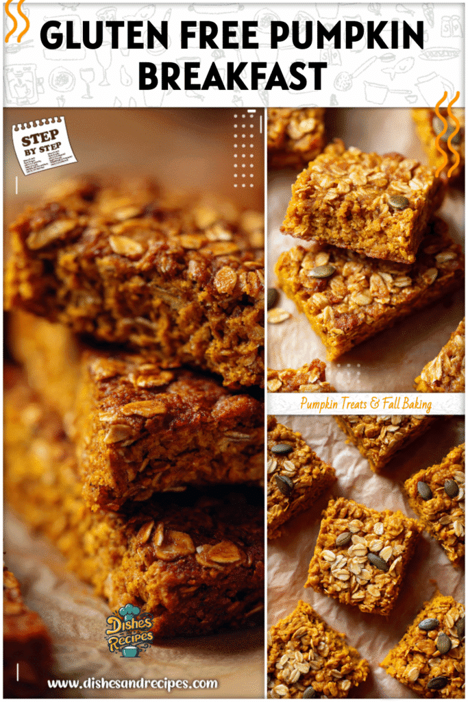 Home 36 Pumpkin breakfast bars with oats baked golden brown on parchment paper for a gluten free recipe idea.