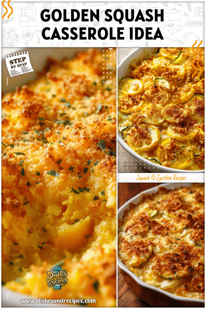 Home 35 Creamy golden squash casserole topped with crispy breadcrumbs in a baking dish