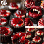 A tray of Halloween Decorated Cupcakes styled as Vampire Desserts Treats with red filling showing inside.
