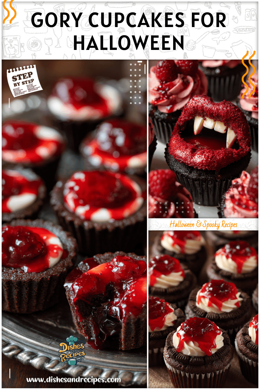 A tray of Halloween Decorated Cupcakes styled as Vampire Desserts Treats with red filling showing inside.