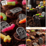 Graveyard themed food with cookie tombstones set in chocolate pudding dirt with gummy worms.