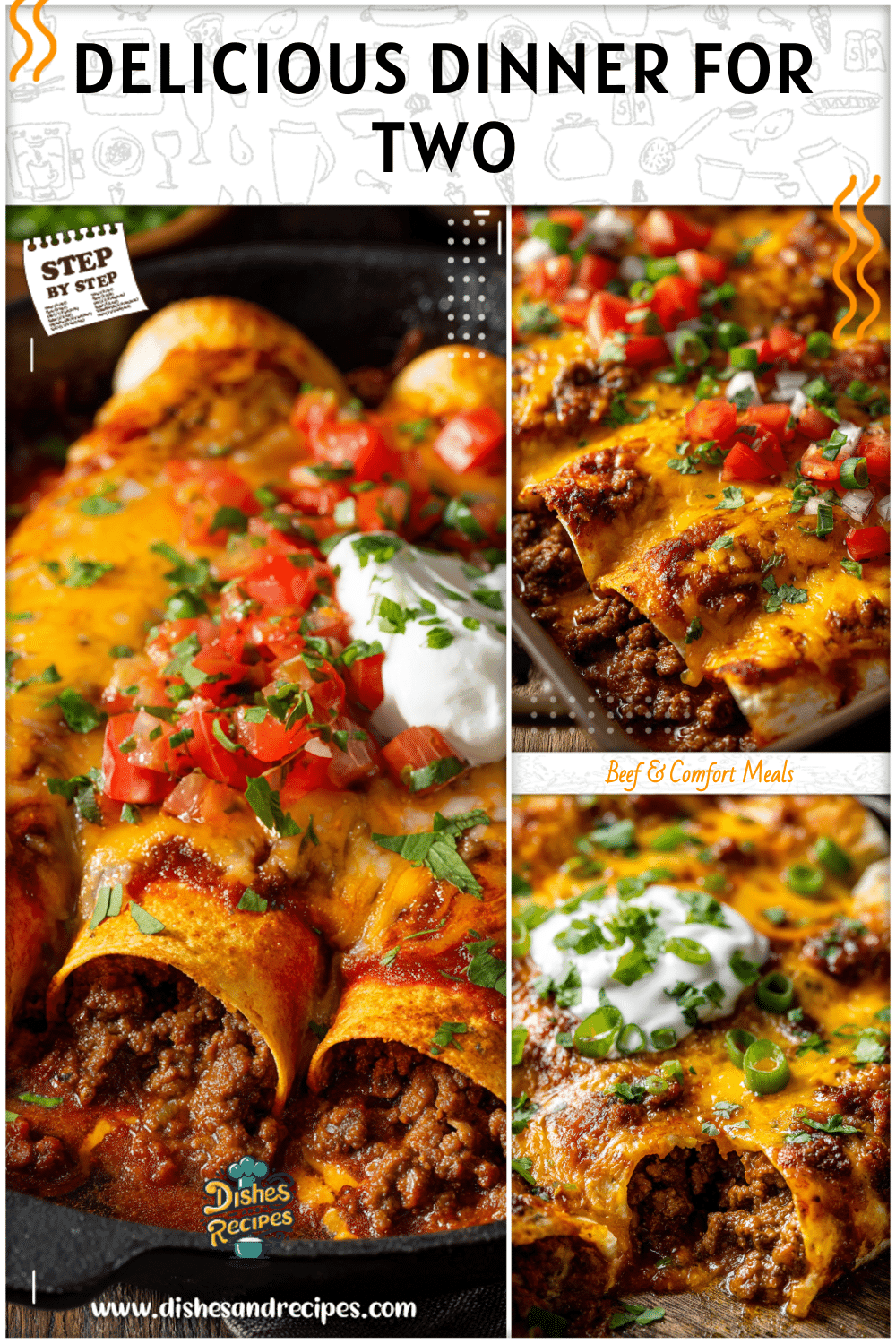 Cheesy ground beef enchiladas served in a casserole dish, portioned for Dinner Recipes For Two Beef.