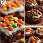 Halloween brownie cookies decorated with frosting and candies for a festive kids Halloween dessert