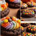 Halloween brownie cookies decorated with candy corn and colorful frosting as fall time food ideas