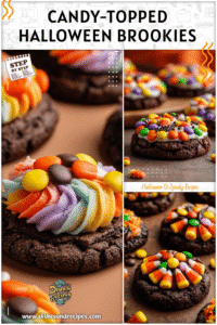 Halloween brownie cookies decorated with candy corn and colorful frosting as fall time food ideas