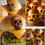 Halloween Buns with Cheeseburger Skulls | Spooky Dinner Recipe 5 Cheeseburger skulls resting on Halloween buns decorated as spooky season treats.