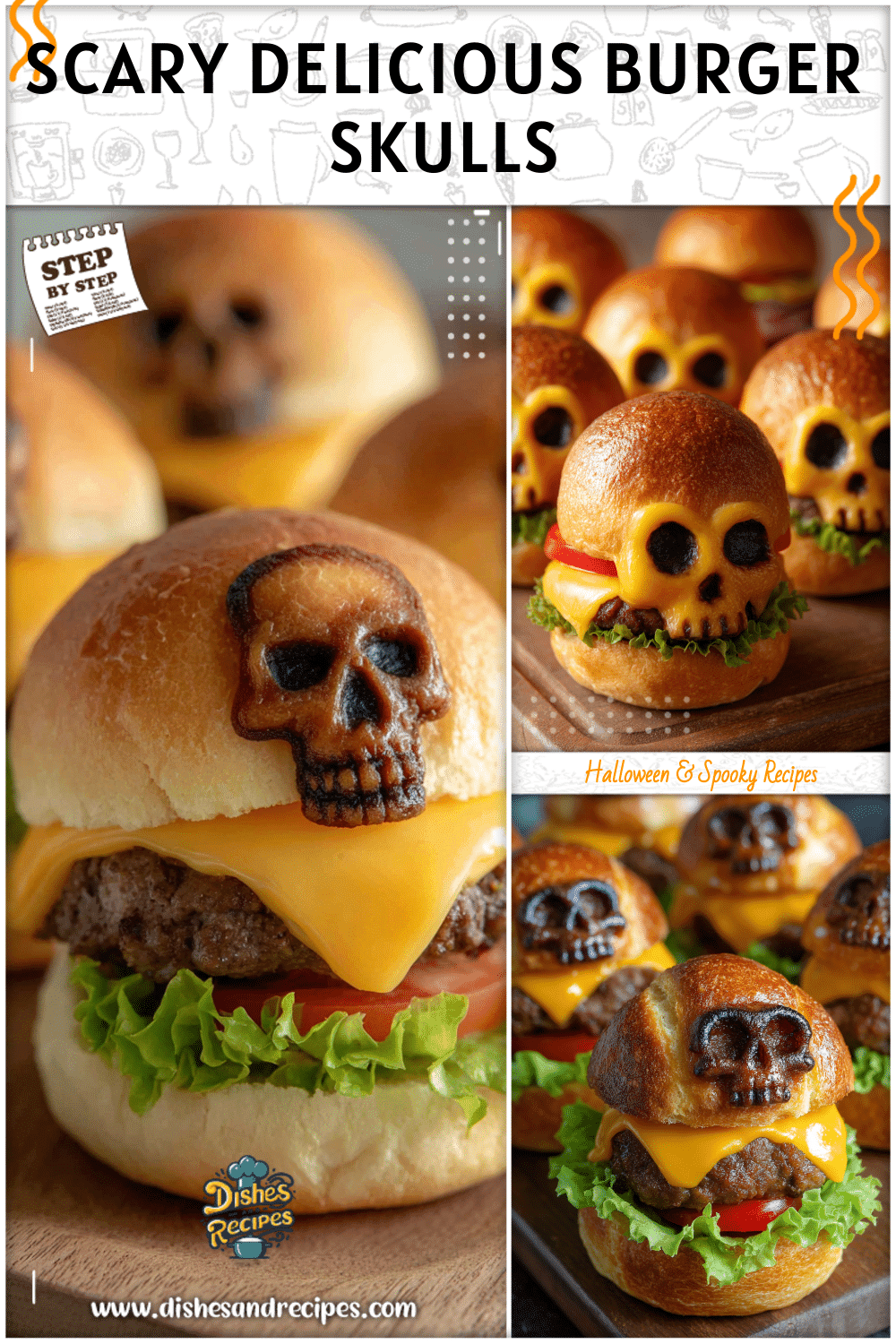 Cheeseburger skulls resting on Halloween buns decorated as spooky season treats.