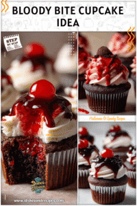 Halloween Cupcakes decorated with a bloody bite effect and styled as chilling Vampire Cupcakes.