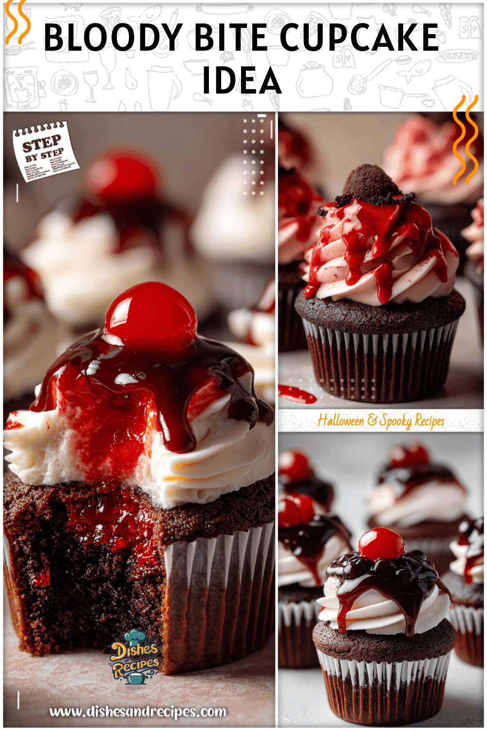 Halloween Cupcakes decorated with a bloody bite effect and styled as chilling Vampire Cupcakes.