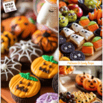 Decorated Halloween food table featuring finger foods for kids and spooky themed snack boards