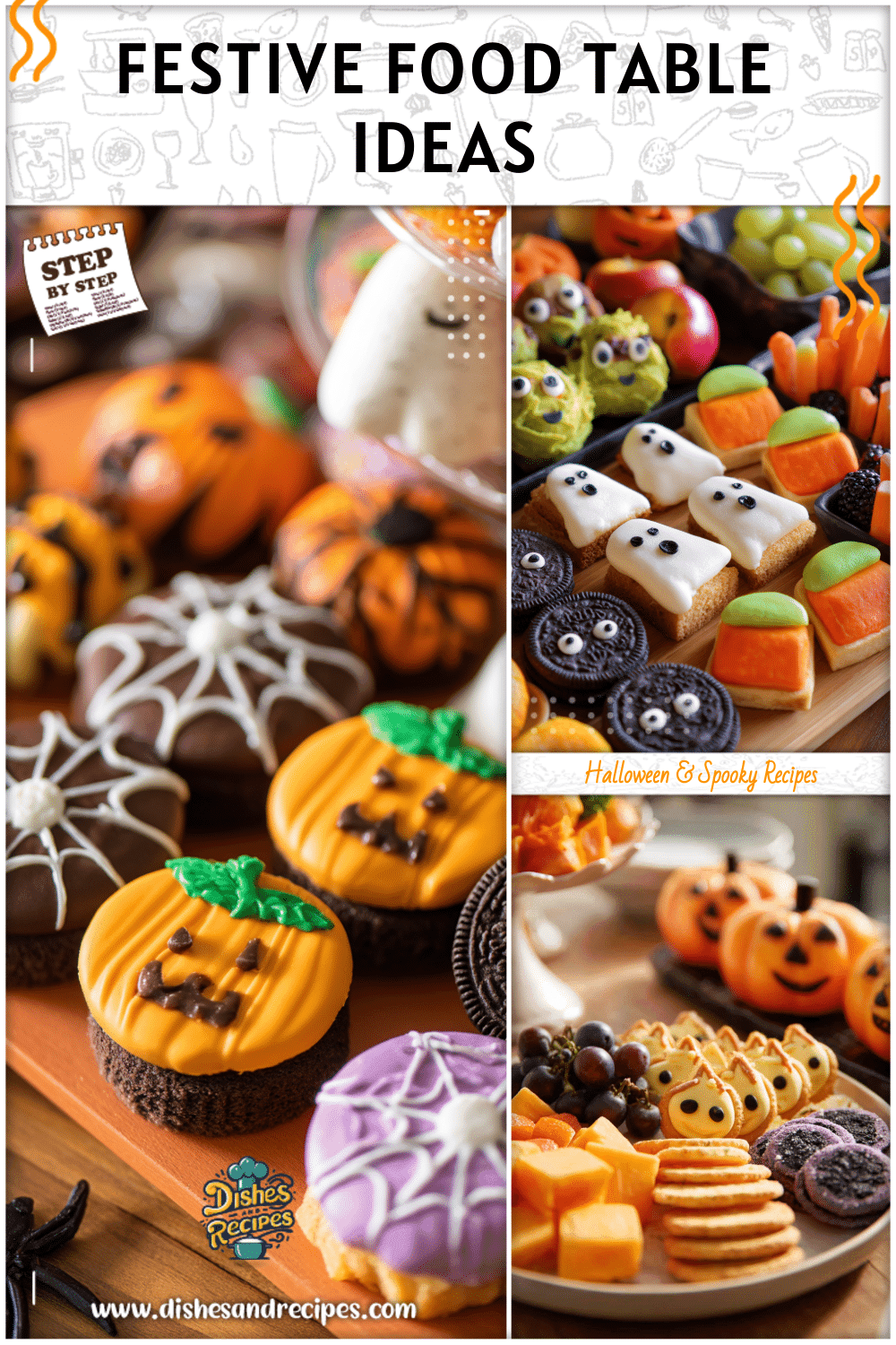 Decorated Halloween food table featuring finger foods for kids and spooky themed snack boards