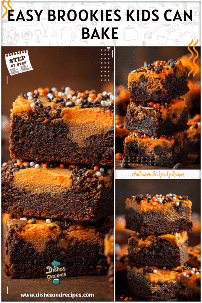 Stack of chocolate brookies decorated with orange frosting and sprinkles for a fall and Halloween food idea