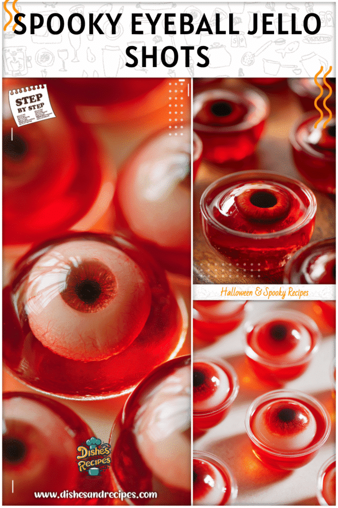 Home 34 Spooky Halloween eyeball jello shots with red jello served in clear cups as festive themed food