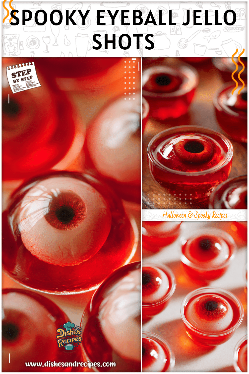Spooky Halloween eyeball jello shots with red jello served in clear cups as festive themed food