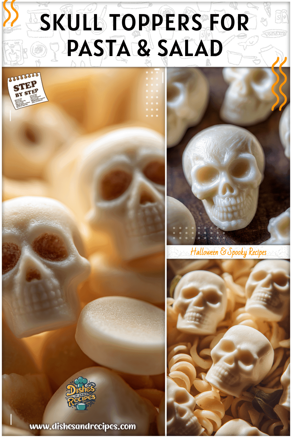 Mozzarella skulls placed on top of Halloween pasta and salads as edible toppers